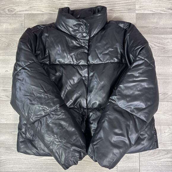 Old Navy Snap Front Faux Leather Puffer Jacket Coat Black sz S - Picture 1 of 7
